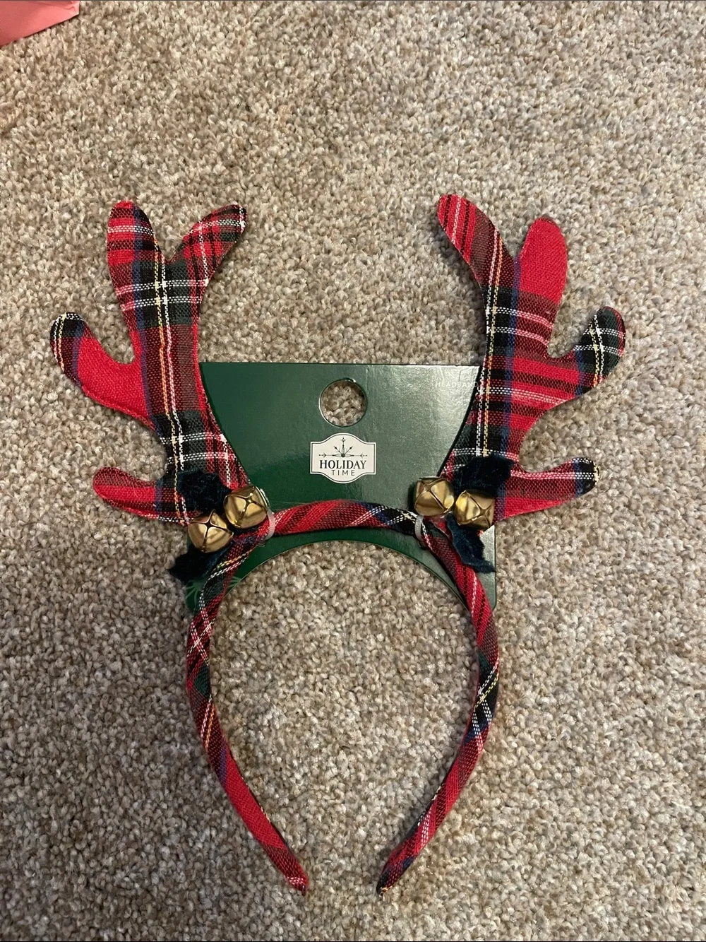 Holiday Time Red Plaid Reindeer Antler Headband with Jingle Bells